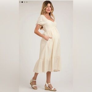 Ivory Textured Plaid Puff Short Sleeve Maternity Midi Dress